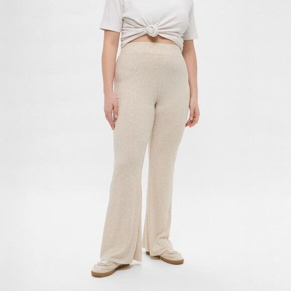 H&M Ribbed Knit Flare Pants Oatmeal Tan High Rise Lightweight Loungewear Small - Picture 1 of 7